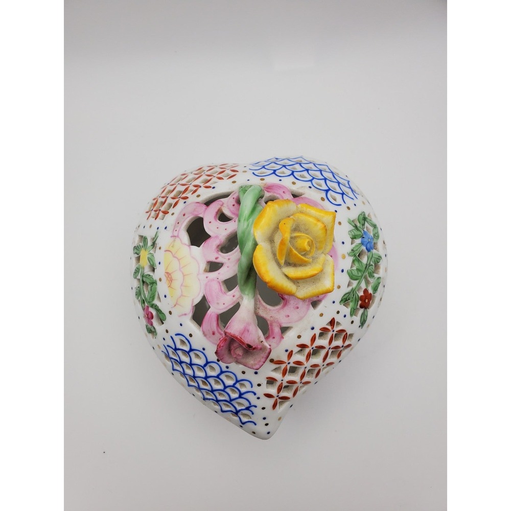 Royal Danube Heart Porcelain Trinket Box Hand Painted Rose Reticulated 1886
